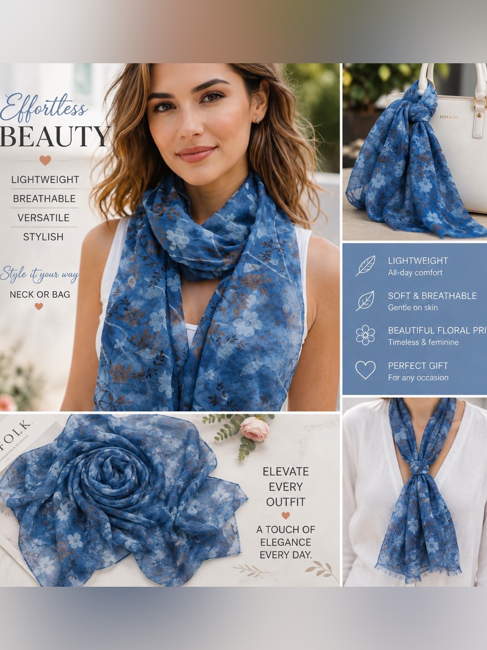 Lightweight Blue Floral Women's Scarf for Neck or Bag